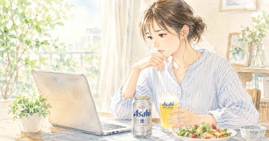 ビール缶とノンアル飲料を前にニュースを確認する女性