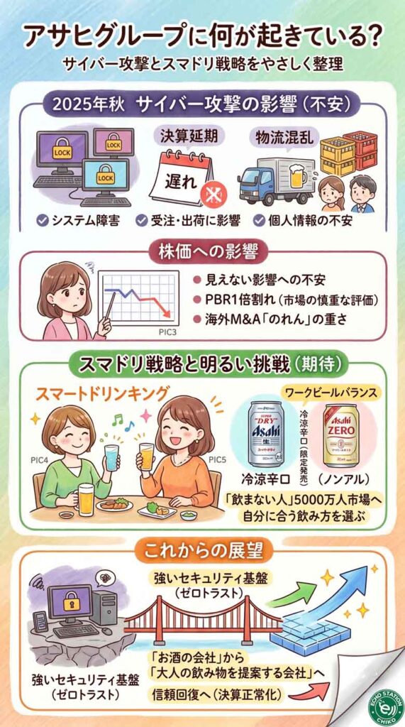 アサヒグループに何が起きている？サイバー攻撃とスマドリ戦略をやさしく整理インフォグラフ