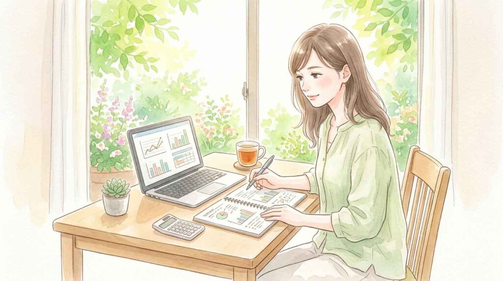 ノートに株価と企業ニュースを整理する女性