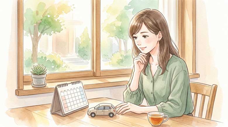 カレンダーと電気自動車の模型を前にスケジュールを確認している女性のイラスト