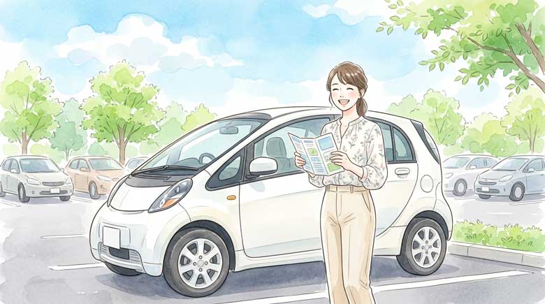 自動車開発の設計図を囲んで打ち合わせをしているエンジニアたちを眺める女性のイラスト