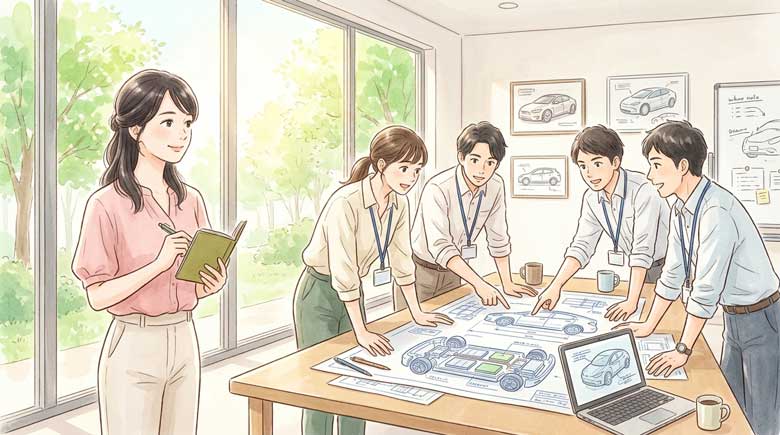 カタログを手に持ちながらEVを前に笑顔で考える30代の日本人女性のイラスト