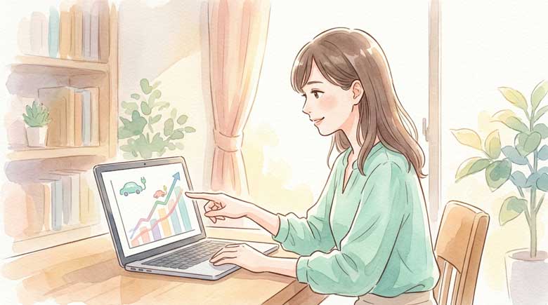 統計グラフを指さしながらEV市場の伸びについて考える女性のイラスト