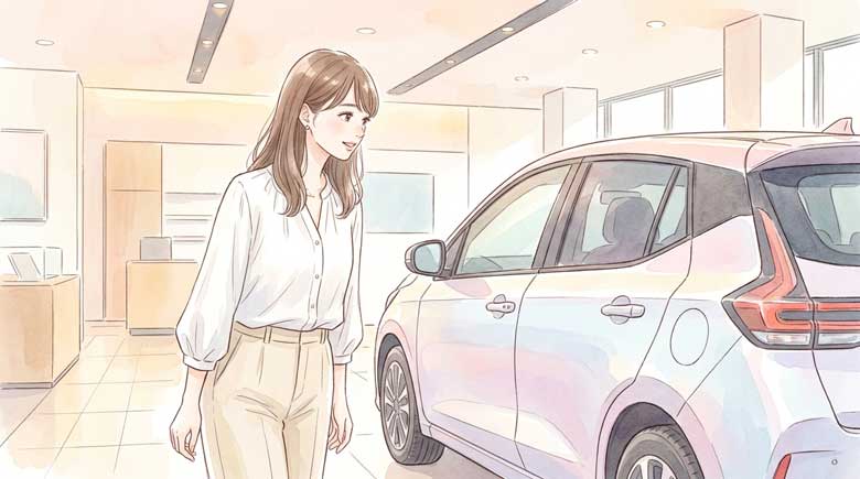 カーショップのショールームでEVの展示車を興味深そうに眺める日本人女性のイラスト