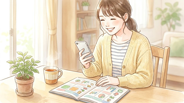 家計簿とスマートフォンを手に、明るい表情でお金を管理する女性のイラスト