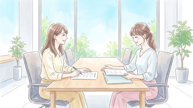 契約書を広げて握手する2人の女性ビジネスパーソンのイラスト