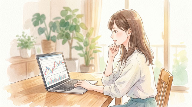 ノートパソコンで株価チャートを眺めながら考える女性のイラスト