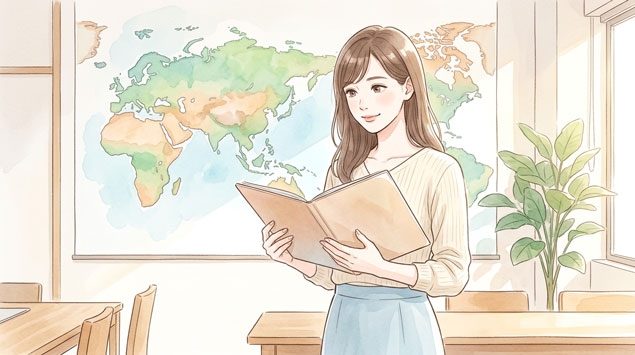 グローバルな地図の前でプレゼン資料を見ながら考えている女性のイラスト