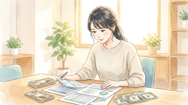 日本円と米ドルの紙幣が並ぶ机の前で書類を確認する女性のイラスト
