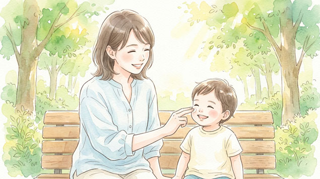 公園で子供と遊びながら日焼け止めを塗り直す母親のイラスト