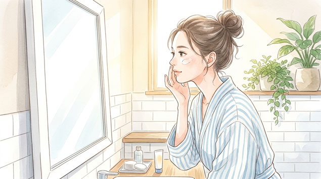 洗面台の前で日焼け止めを塗る習慣を確認している女性のイラスト