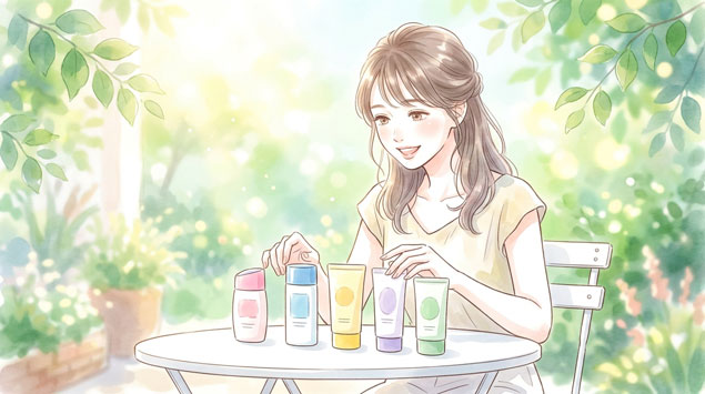 テーブルにビオレUVのアイテムを並べて選んでいる女性のイラスト