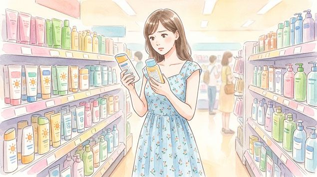 化粧品売り場でビオレUVのラインナップを比較している女性