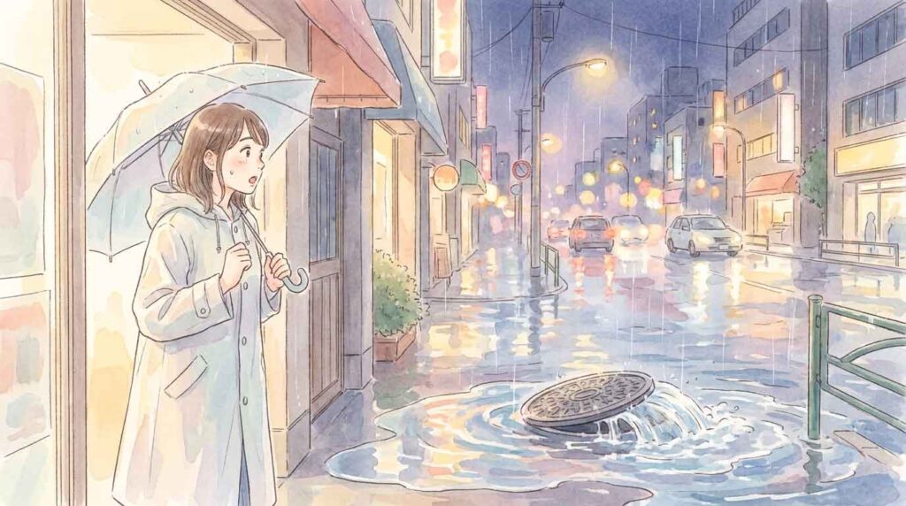 大雨でマンホールから水が溢れる都市の街路をイラストで描いたもの