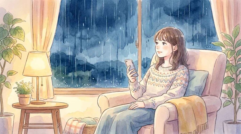 窓の外の大雨を眺めながら迷った表情で座っている女性のイラスト