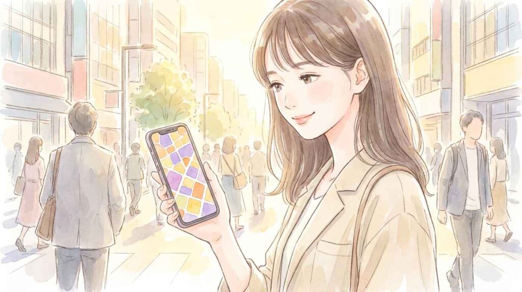 スマートフォンでキキクルの危険度マップを確認している女性のイラスト