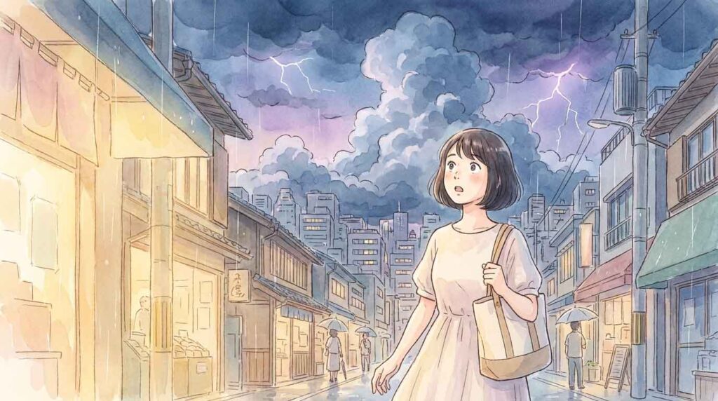積乱雲が発達して雷雨になる都市の空をイラストで描いたもの