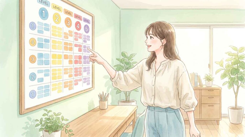 気象庁の新しい警戒レベル表を指差して確認する女性のイラスト