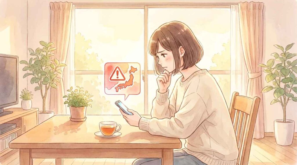 スマートフォンの防災警報通知を見て考え込む女性のイラスト
