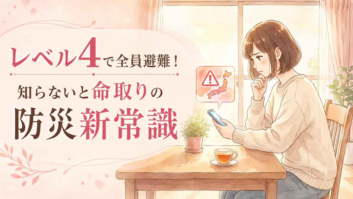 スマートフォンの防災警報通知を見て考え込む女性のイラスト
