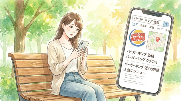 スマートフォンでバーガーキングを検索しながら首をかしげる女性イラスト