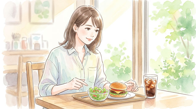 サイドサラダとゼロコーラを選ぶ女性のイラスト