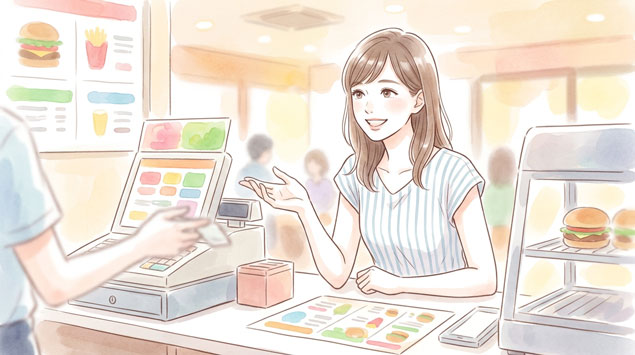 バーガーキングのバーガーをカスタマイズする注文シーンのイラスト