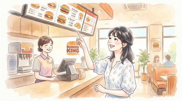  バーガーキングのカウンターで笑顔で注文する女性イラスト