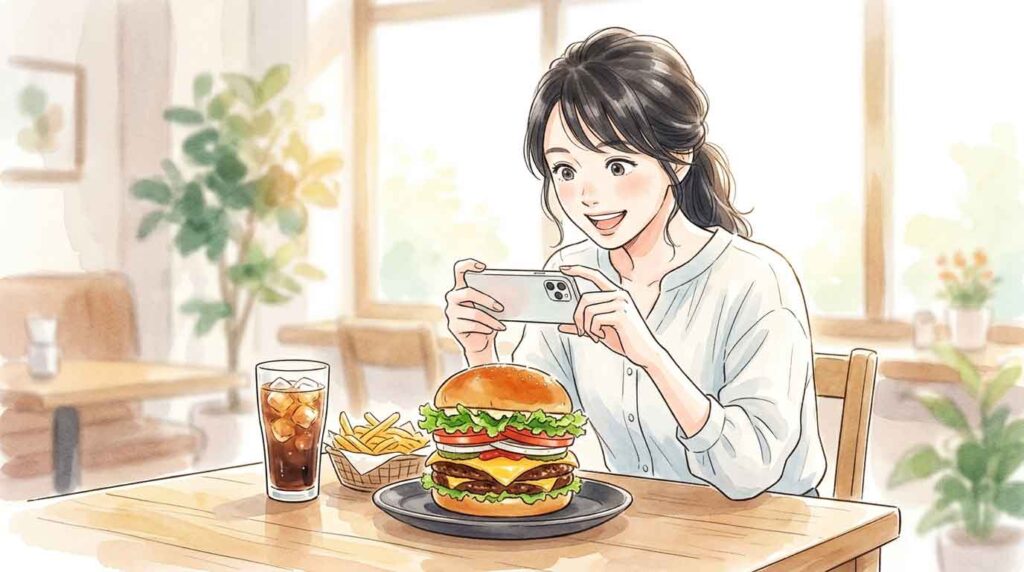 ワッパーを前にスマートフォンで写真を撮る女性