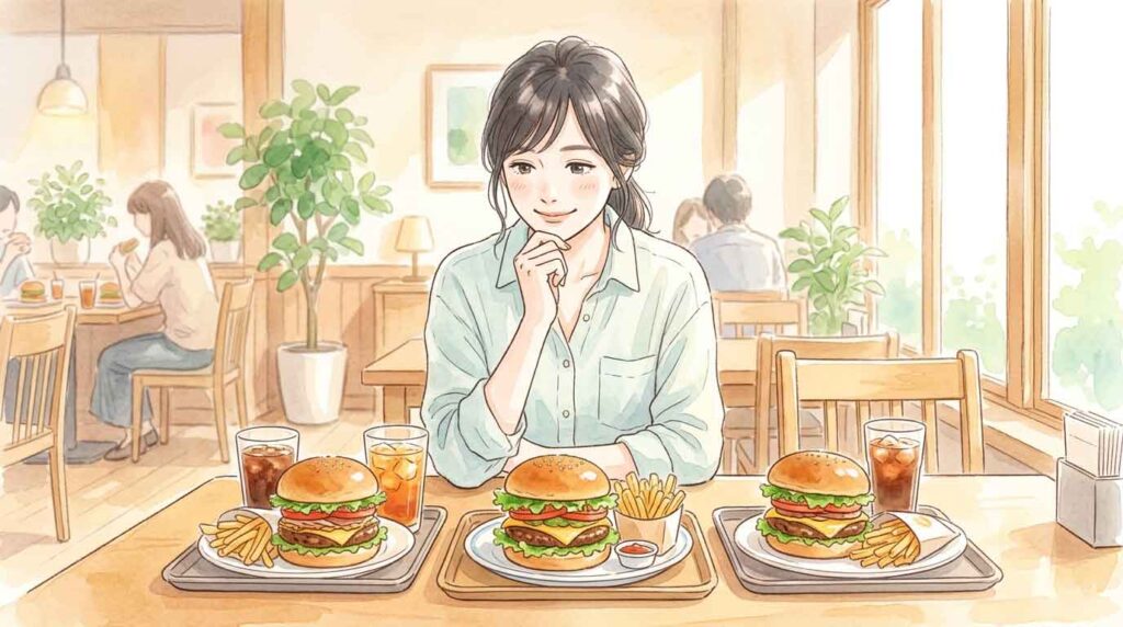3つのワッパーセットを見比べながら迷う女性