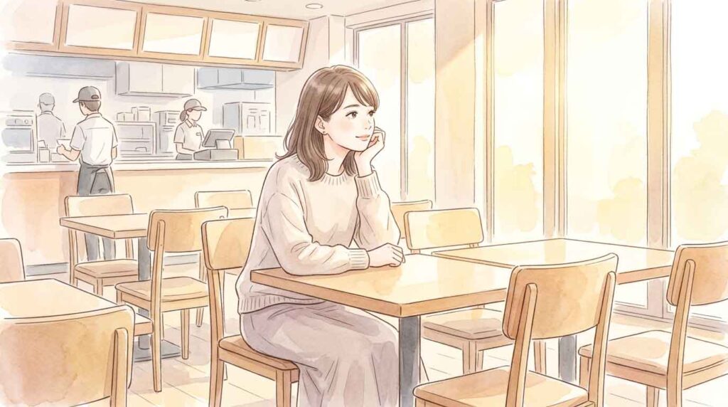 午後のハンバーガー店で空いた席に座って注文を待つ女性