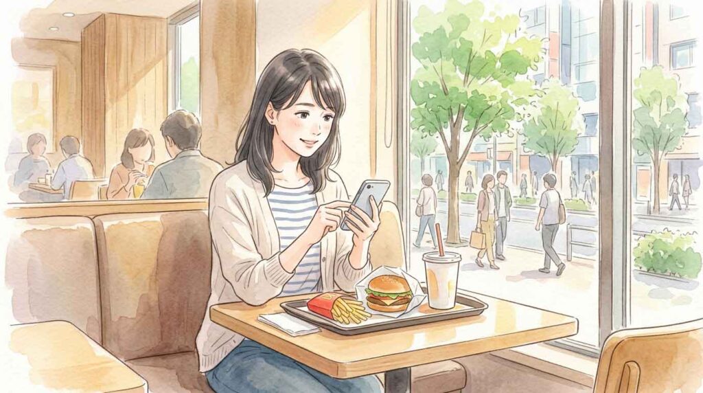 スマートフォンでバーガーキングのクーポンを確認する女性