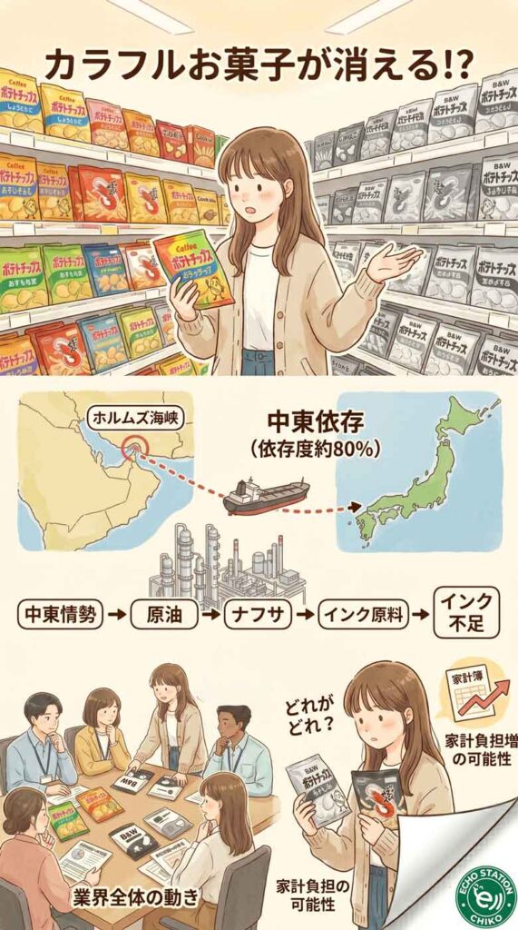 ポテチの袋が白黒になる!?インク不足が私たちの「お菓子選び」を変える日インフォグラフ