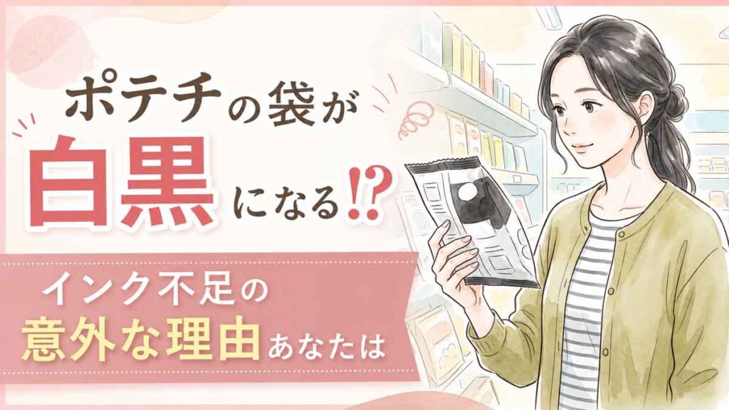 ポテトチップスの白黒パッケージが並ぶスーパーの棚を眺める女性のイラスト