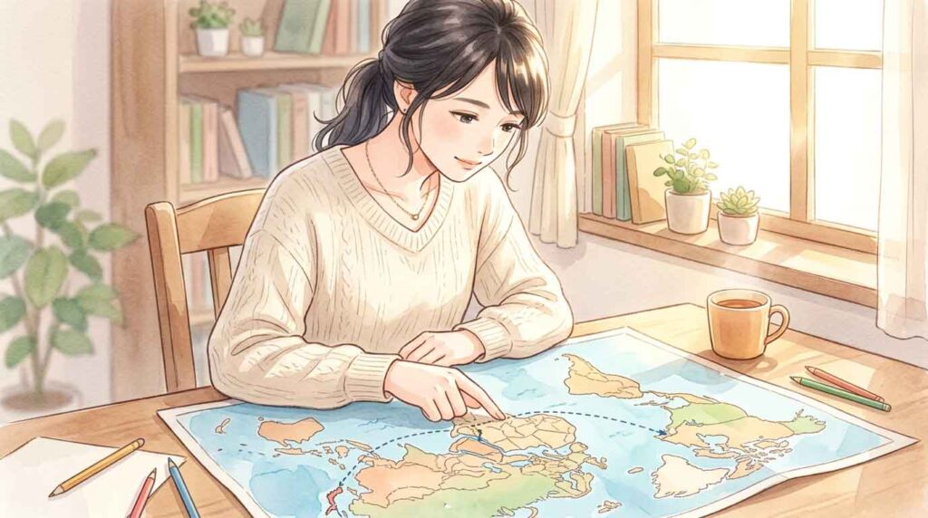 日本地図と中東地図を見比べながら原油輸送ルートを指で辿る女性のイラスト