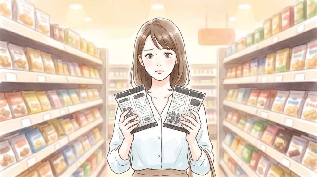 スーパーの棚の前で白黒パッケージと通常パッケージを見比べながら迷う女性のイラスト