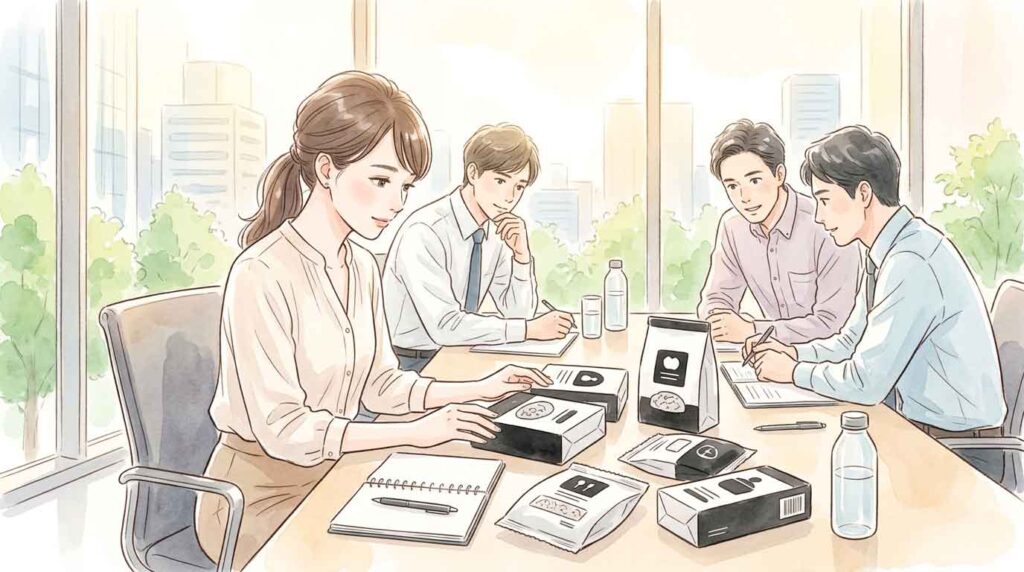 PIC4 | alt: 数の食品メーカー担当者がパッケージサンプルを前に話し合うイラスト