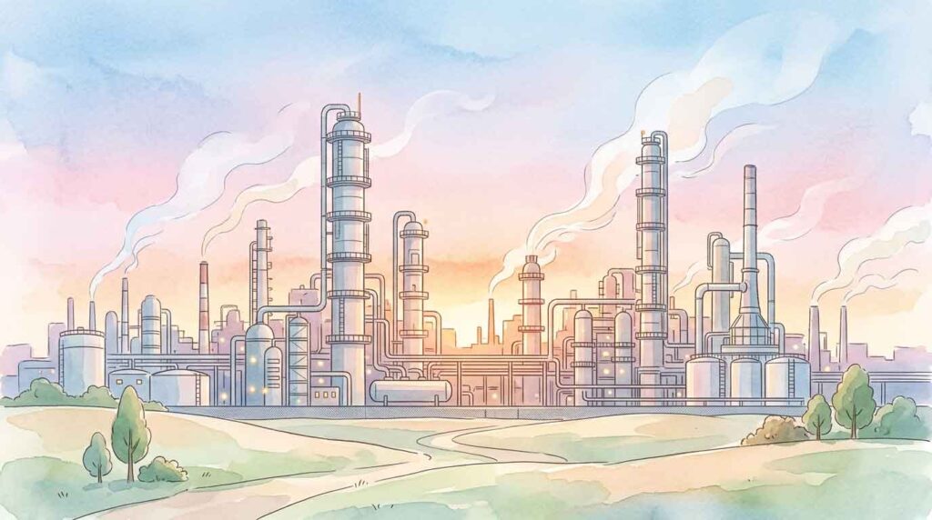 石油化学プラントの設備を俯瞰するイラスト、蒸留塔と配管が並ぶ工場の風景