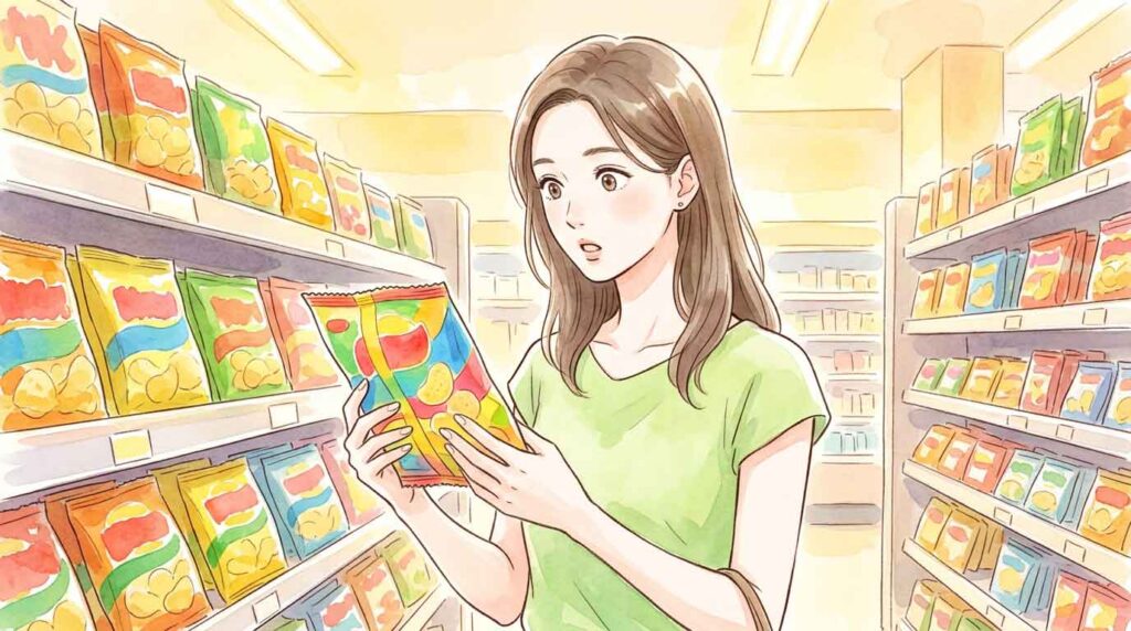 テトチップスの白黒パッケージが並ぶスーパーの棚を眺める女性のイラスト