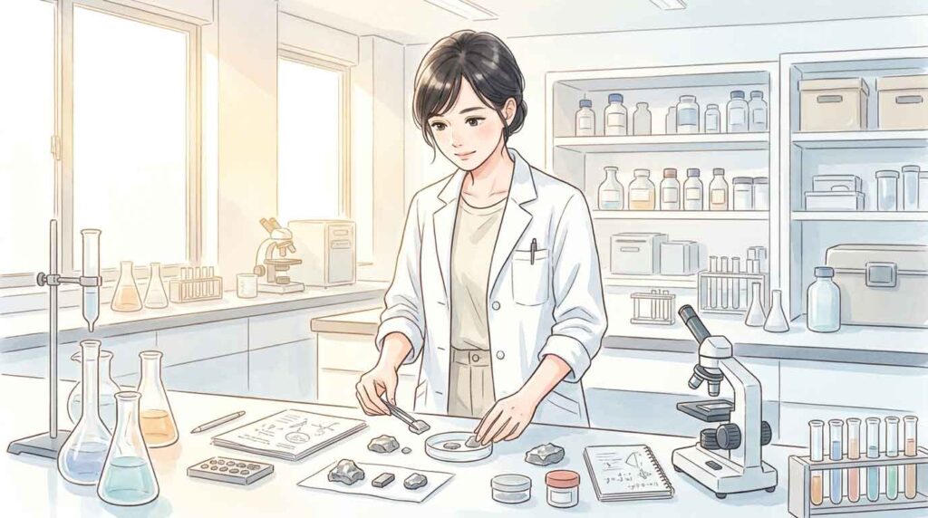 研究室で試験管や磁石の素材を真剣な眼差しで確認する女性研究者
