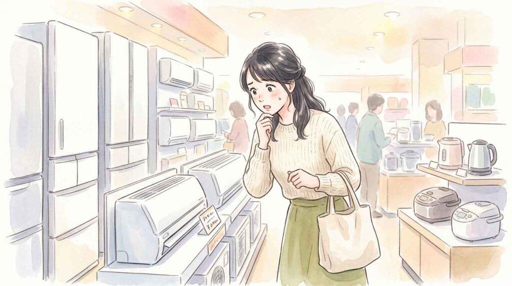 スーパーや家電量販店のチラシを見て値段に驚く表情の女性