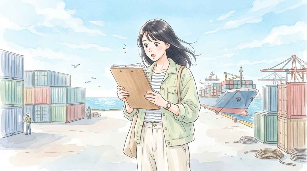 港に届いたコンテナを確認しながら書類を見て驚く女性