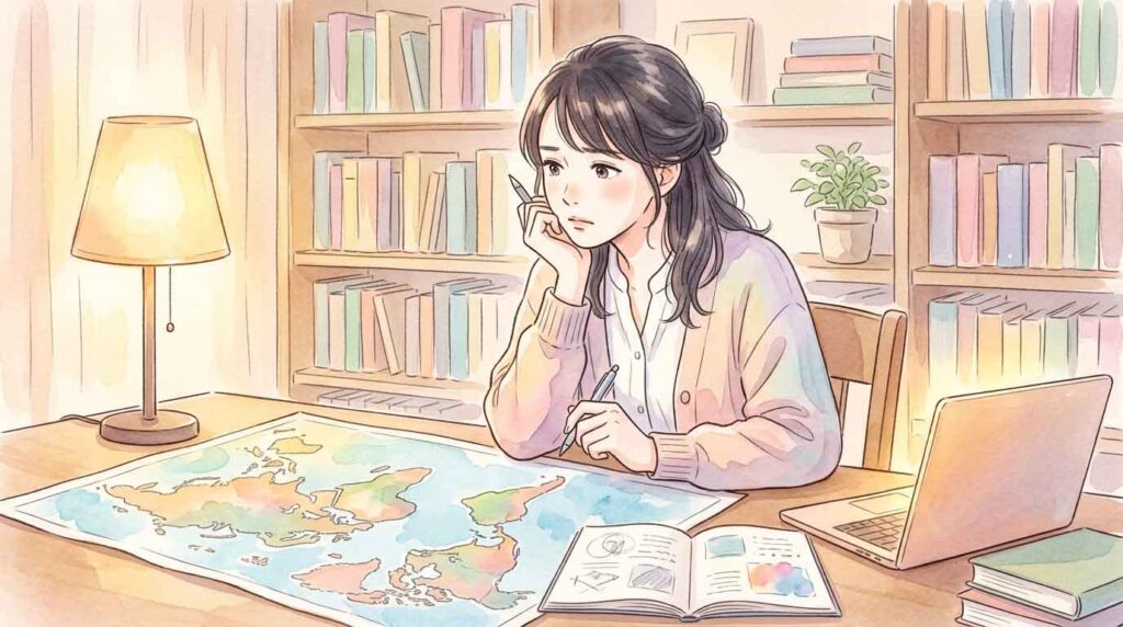 世界地図を前に険しい表情で資料を確認する女性