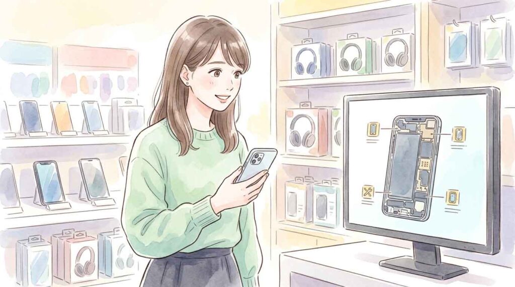 スマートフォンの内部構造を図解するようなイメージで不思議そうに画面を見る女性