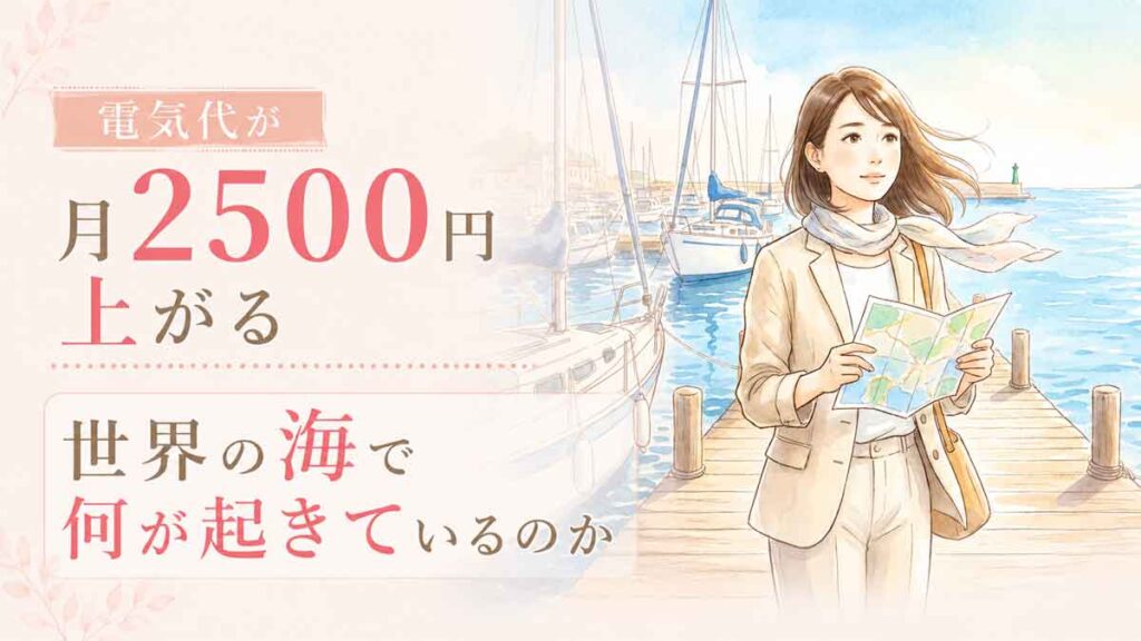 港で海を見つめ地図を持ちながら考え込む日本人女性のイラスト