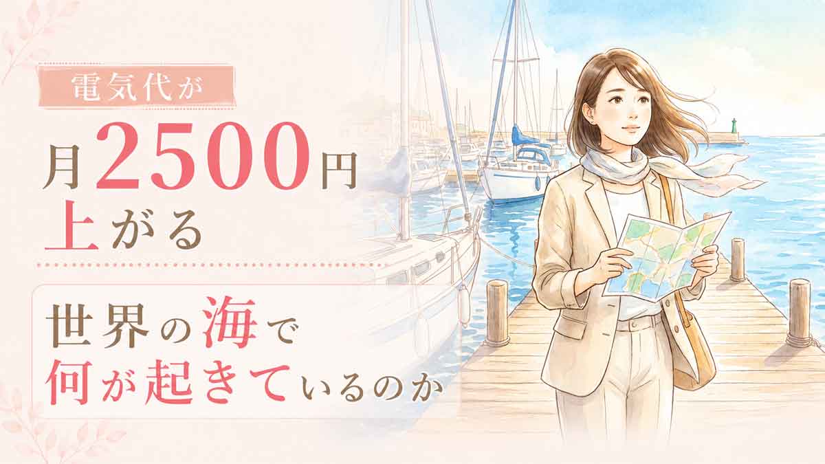 港で海を見つめ地図を持ちながら考え込む日本人女性のイラスト