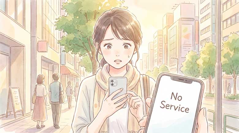スマートフォンの圏外表示を見て焦る日本人女性のイラスト