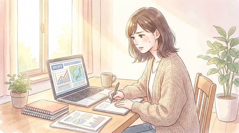 ニュース番組を見ながら不安そうにメモを取る日本人女性のイラスト