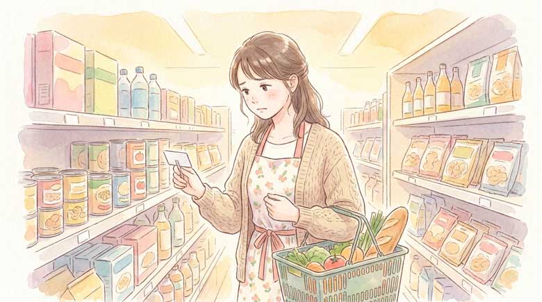 PIC4 | alt: 値段表示を見て眉をひそめる30代日本人女性のイラスト