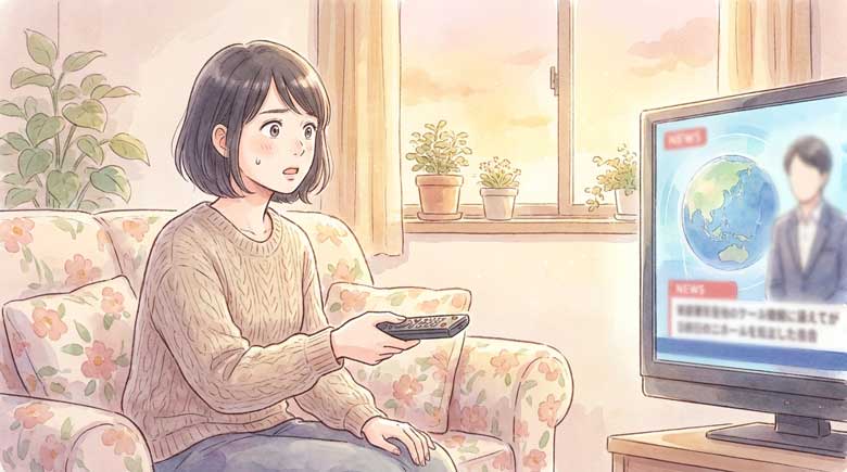 テレビのニュースを見ながら驚いた表情でソファに座る日本人女性のイラスト